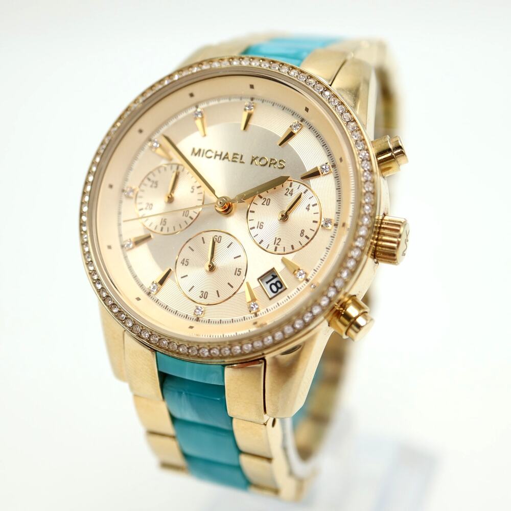 Michael Kors Ritz Gold Tone 37mm Chronograph Watch 6" Steel MK6328 w New Battery